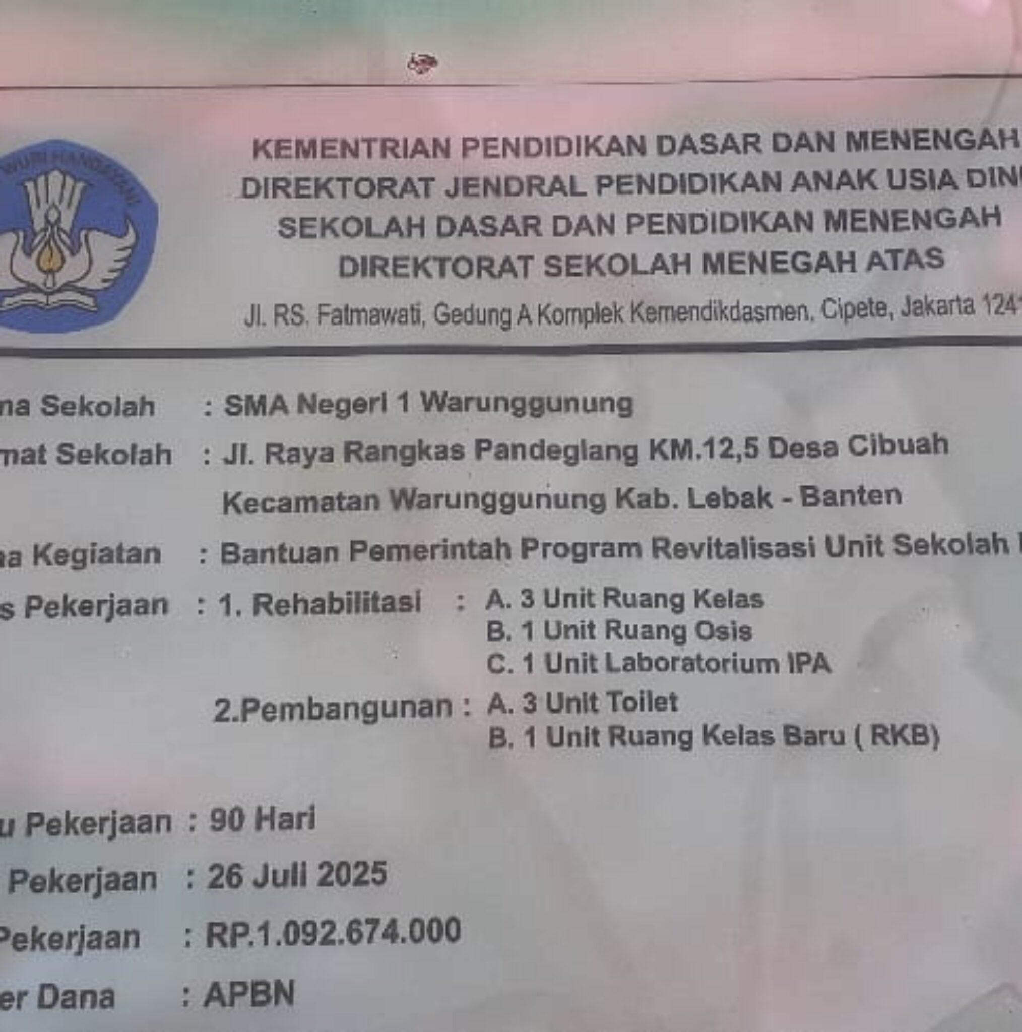 SMA Negeri 1 Warunggunung Dapat Bantuan Revitalisasi Tahun Anggaran 2025