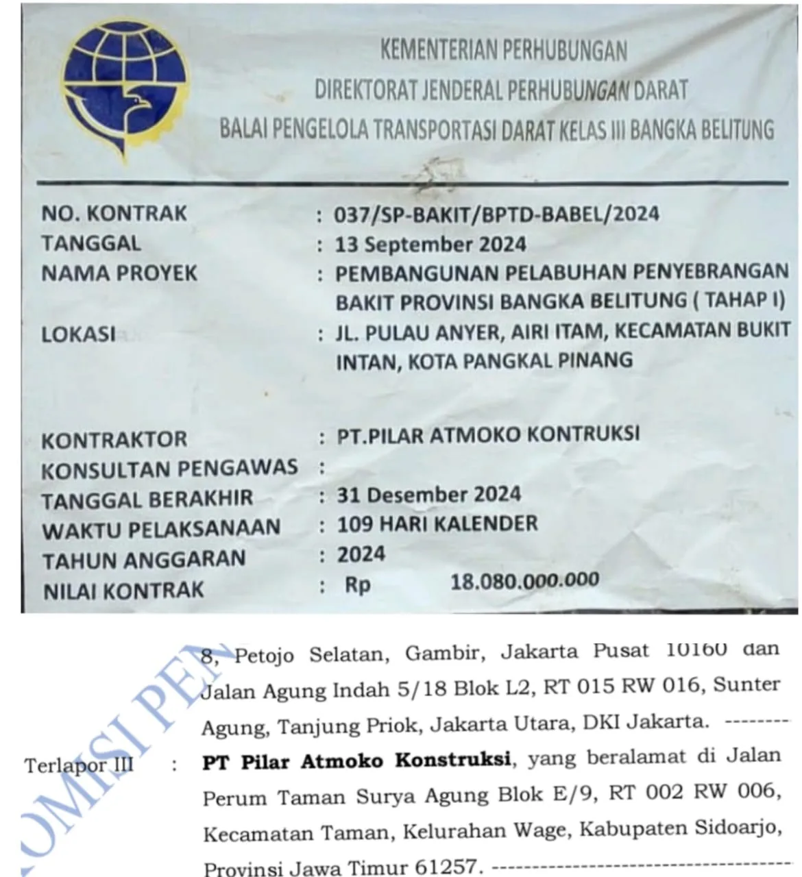 Forum Antikorupsi Desak Kejagung Selidiki Proyek Kemenhub Rp18 Miliar yang Dikerjakan PT Pilar Atmoko I PojokPublik