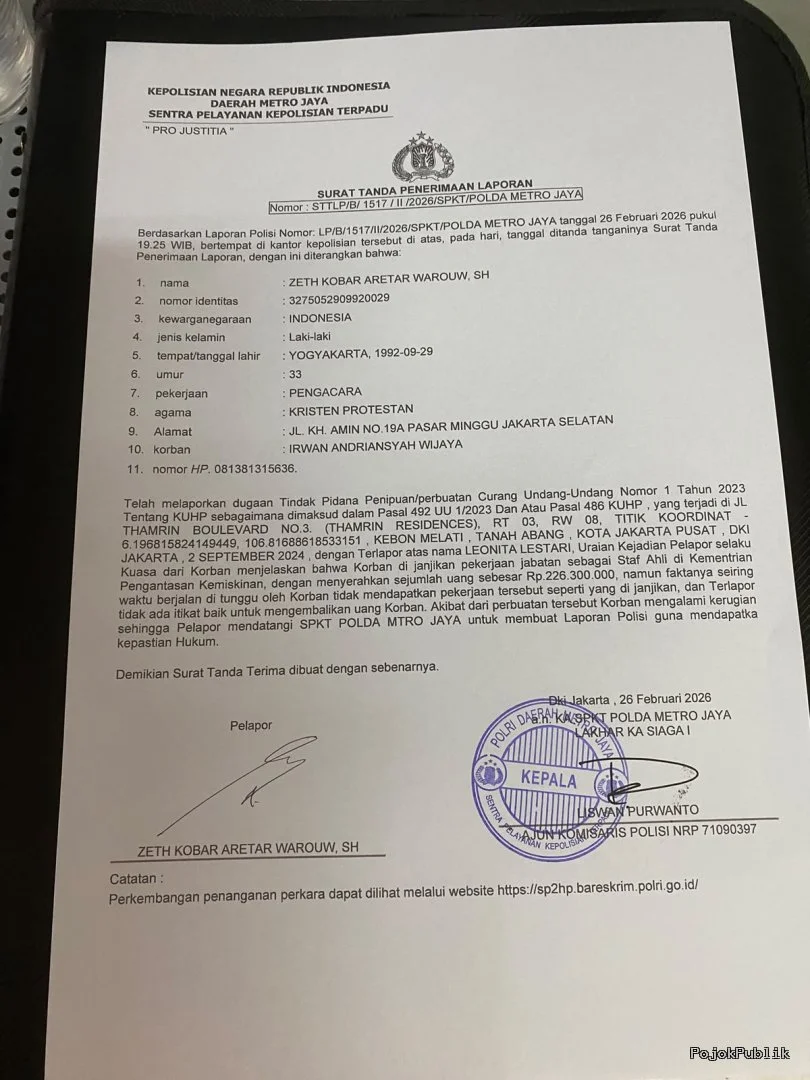 Irwan Adriansyah Laporkan Dugaan Penipuan Rp226,3 Juta ke Polda Metro Jaya, Dijanjikan Jadi Tenaga Ahli BP TASKIN 7 Irwan Adriansyah Laporkan Dugaan Penipuan Rp226,3 Juta ke Polda Metro Jaya, Dijanjikan Jadi Tenaga Ahli BP TASKIN I PojokPublik